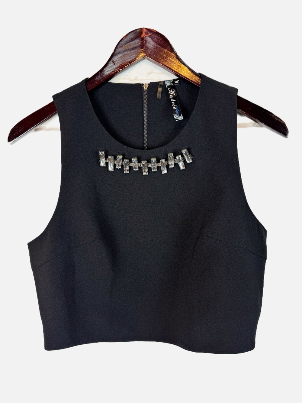 Andree Blue | Black Crop Top w Rhinestone Panel, M
